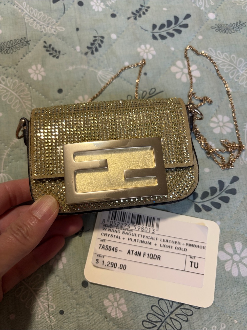 Fendi Mini Baguette Crystal Shoulder Bag in Light Gold